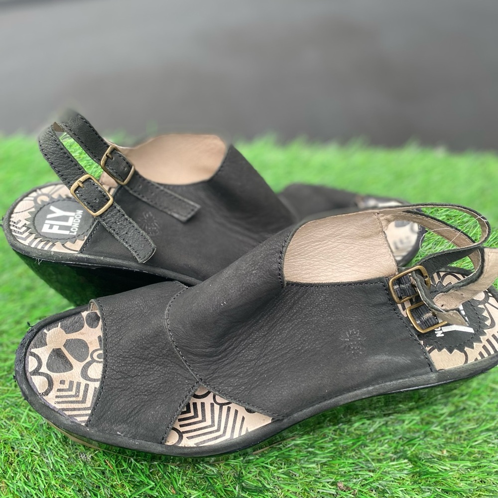 Fly London Black Open-Toe Wedge Sandals